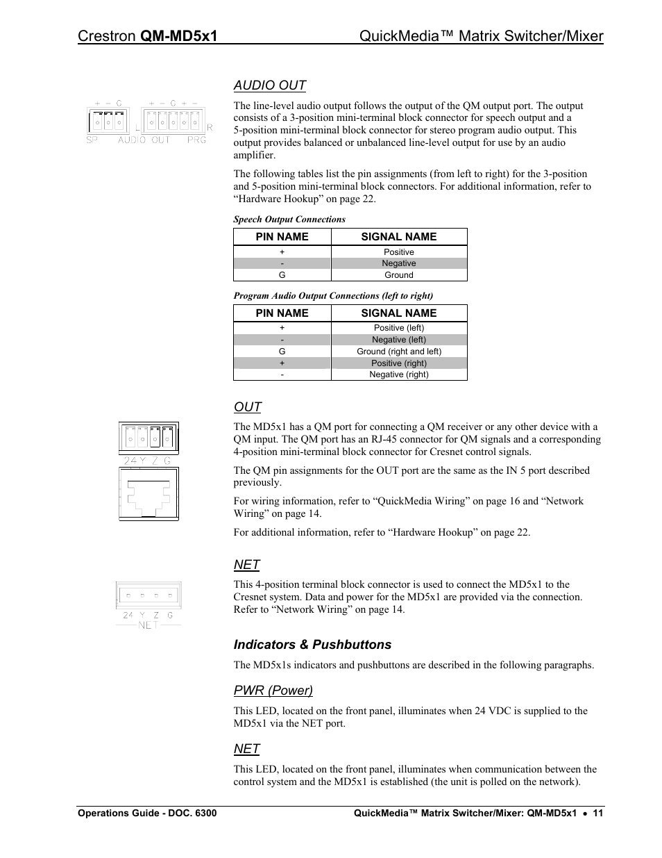 Audio out, Indicators & pushbuttons, Pwr (power) | Crestron electronic QM-MD5x1 User Manual | Page 15 / 72