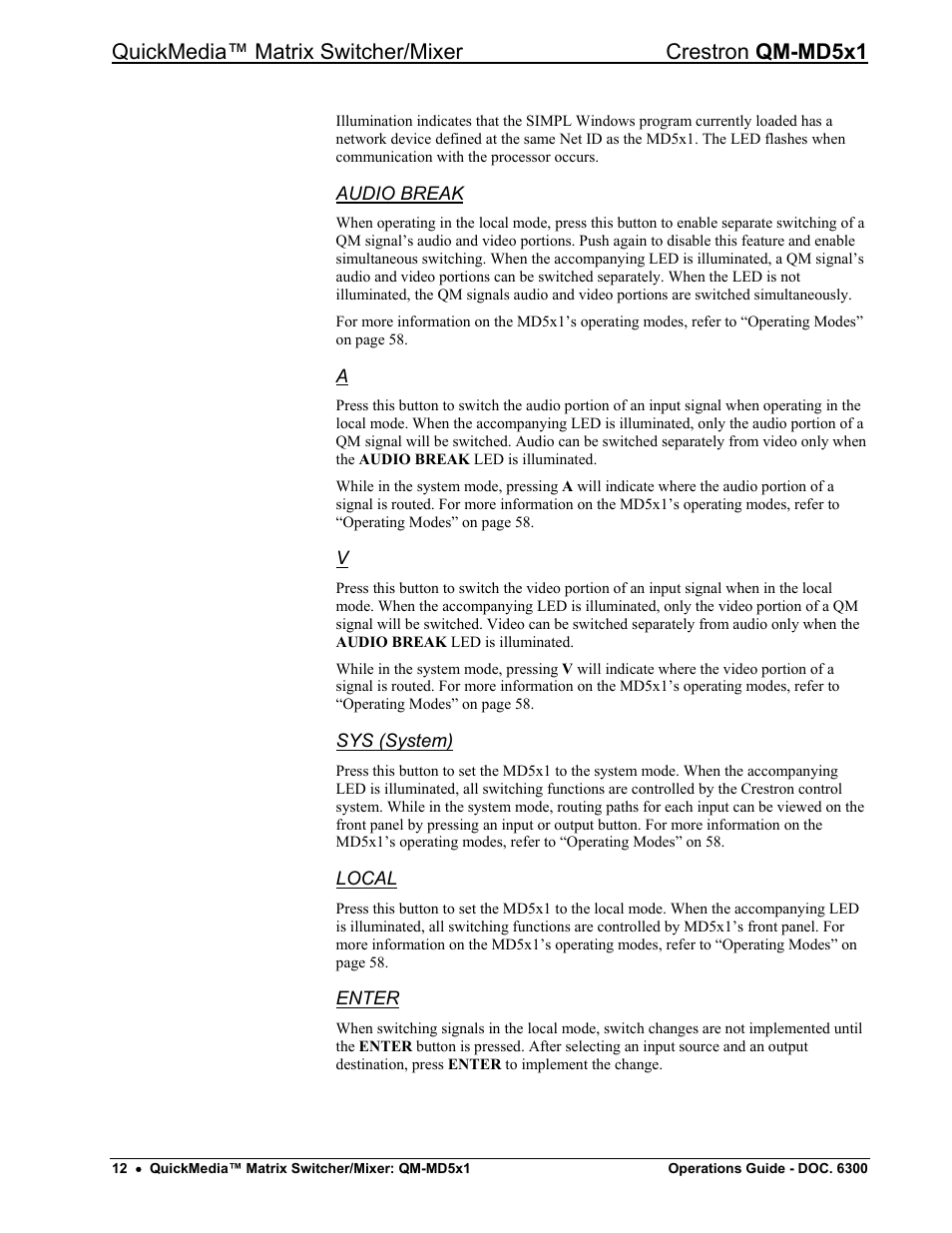 Audio break, Sys (system), Local | Enter | Crestron electronic QM-MD5x1 User Manual | Page 16 / 72