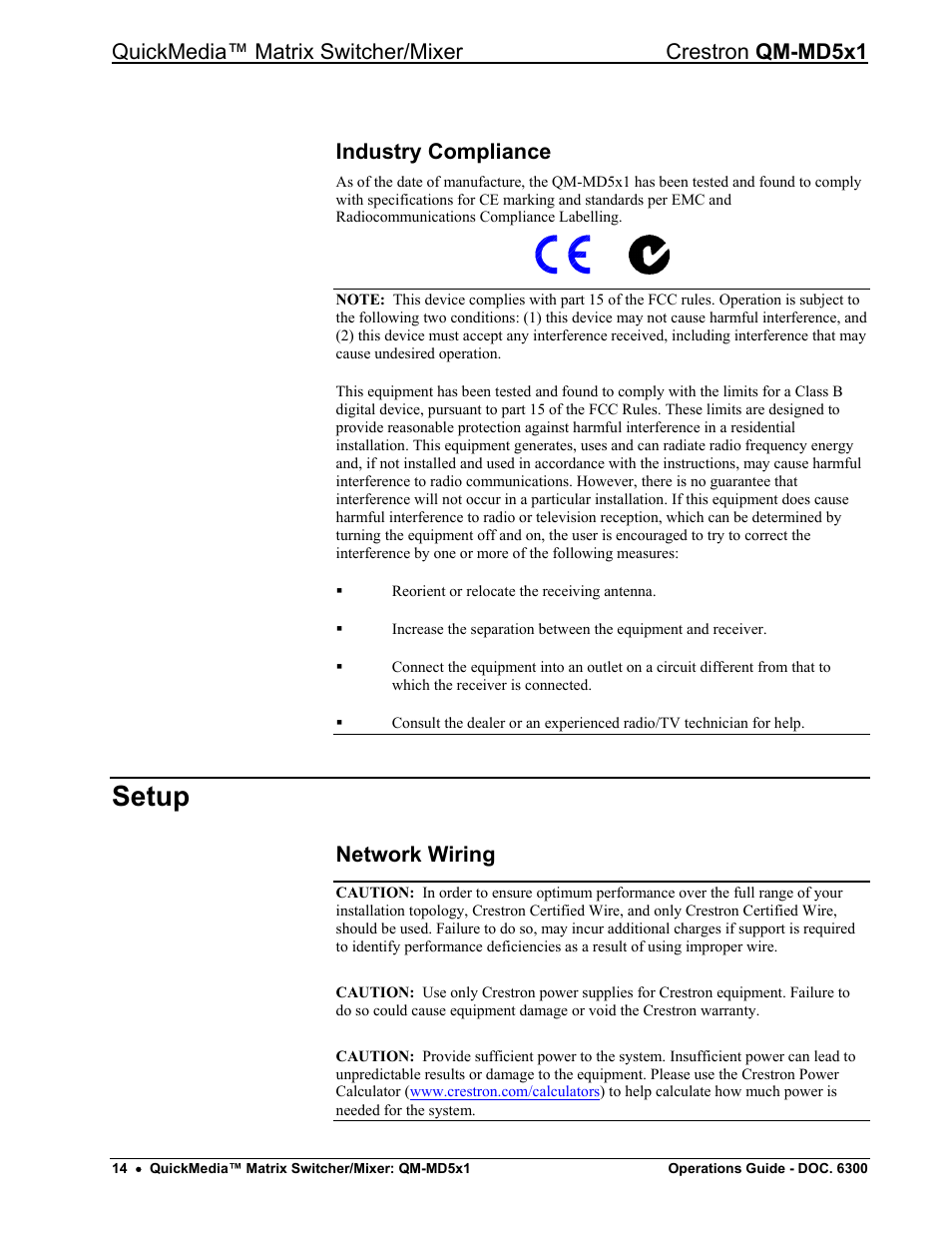 Industry compliance, Setup, Network wiring | Network wiring” o, Ge 14 | Crestron electronic QM-MD5x1 User Manual | Page 18 / 72