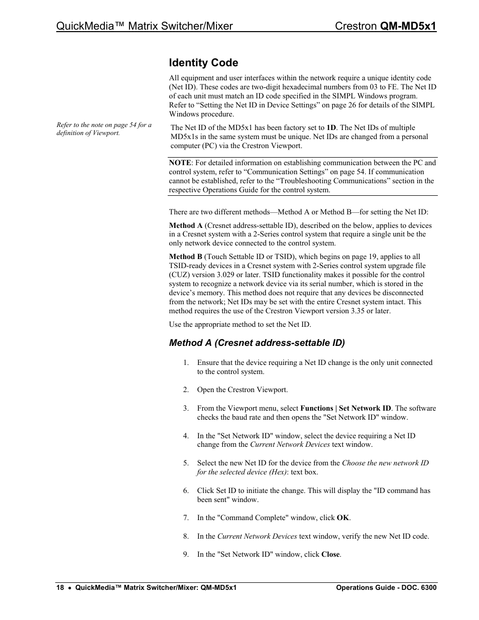 Identity code, Method a (cresnet address-settable id) | Crestron electronic QM-MD5x1 User Manual | Page 22 / 72