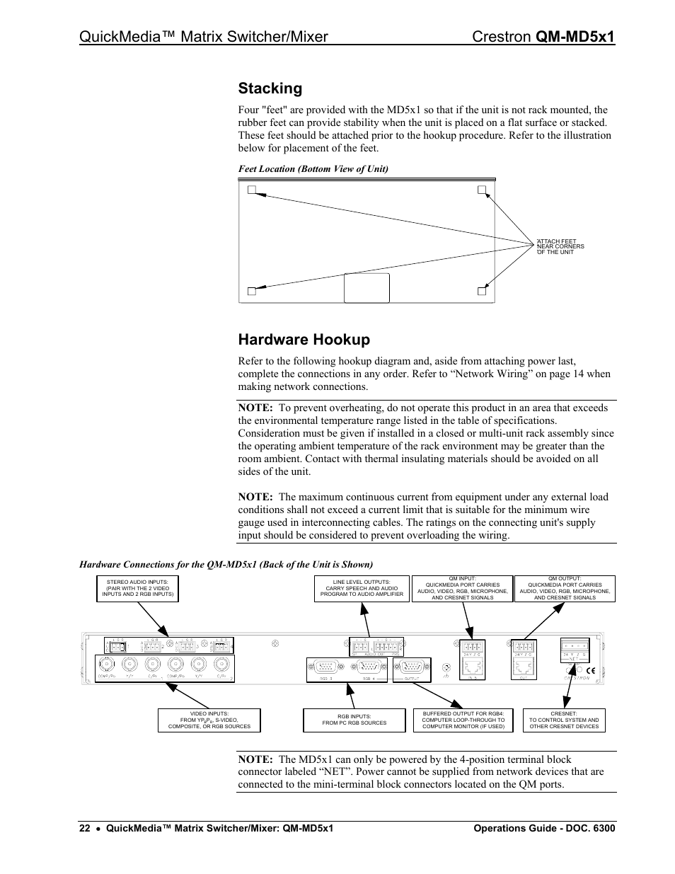 Stacking, Hardware hookup, Hardware hookup” on | Ge 22, Feet location (bottom view of unit) | Crestron electronic QM-MD5x1 User Manual | Page 26 / 72