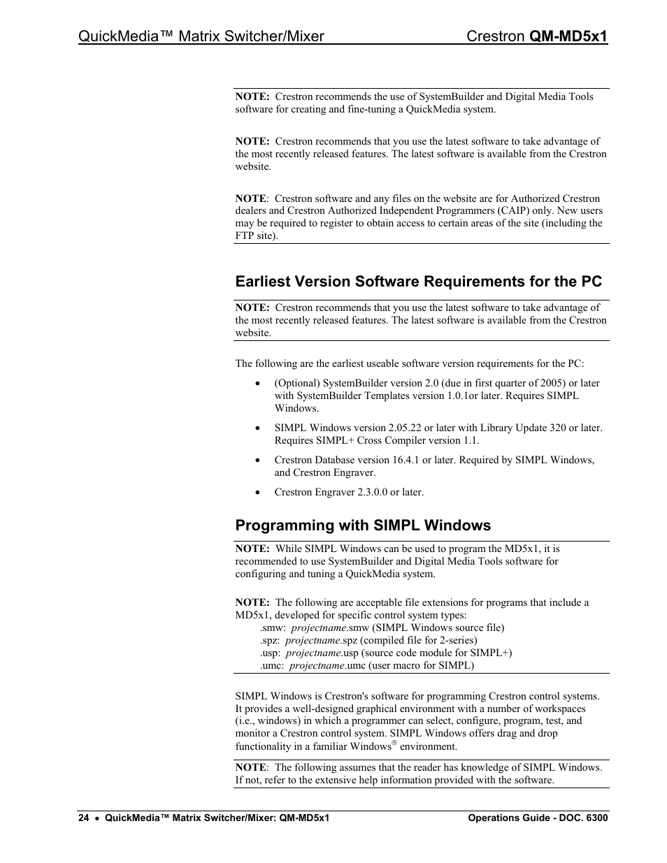 Earliest version software requirements for the pc, Programming with simpl windows | Crestron electronic QM-MD5x1 User Manual | Page 28 / 72