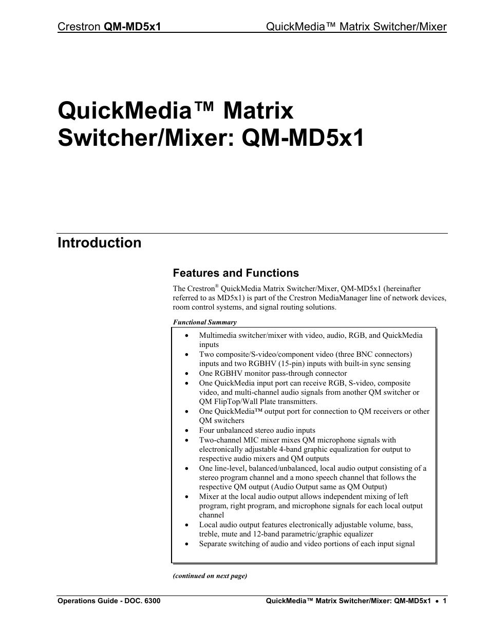 Quickmedia™ matrix switcher/mixer: qm-md5x1, Introduction, Features and functions | Crestron electronic QM-MD5x1 User Manual | Page 5 / 72