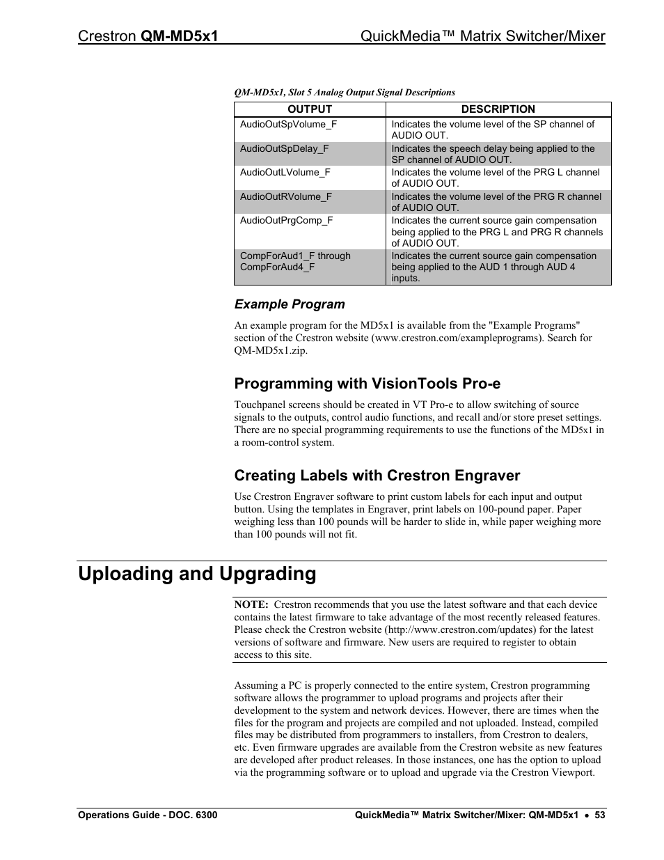 Example program, Programming with visiontools pro-e, Creating labels with crestron engraver | Uploading and upgrading | Crestron electronic QM-MD5x1 User Manual | Page 57 / 72