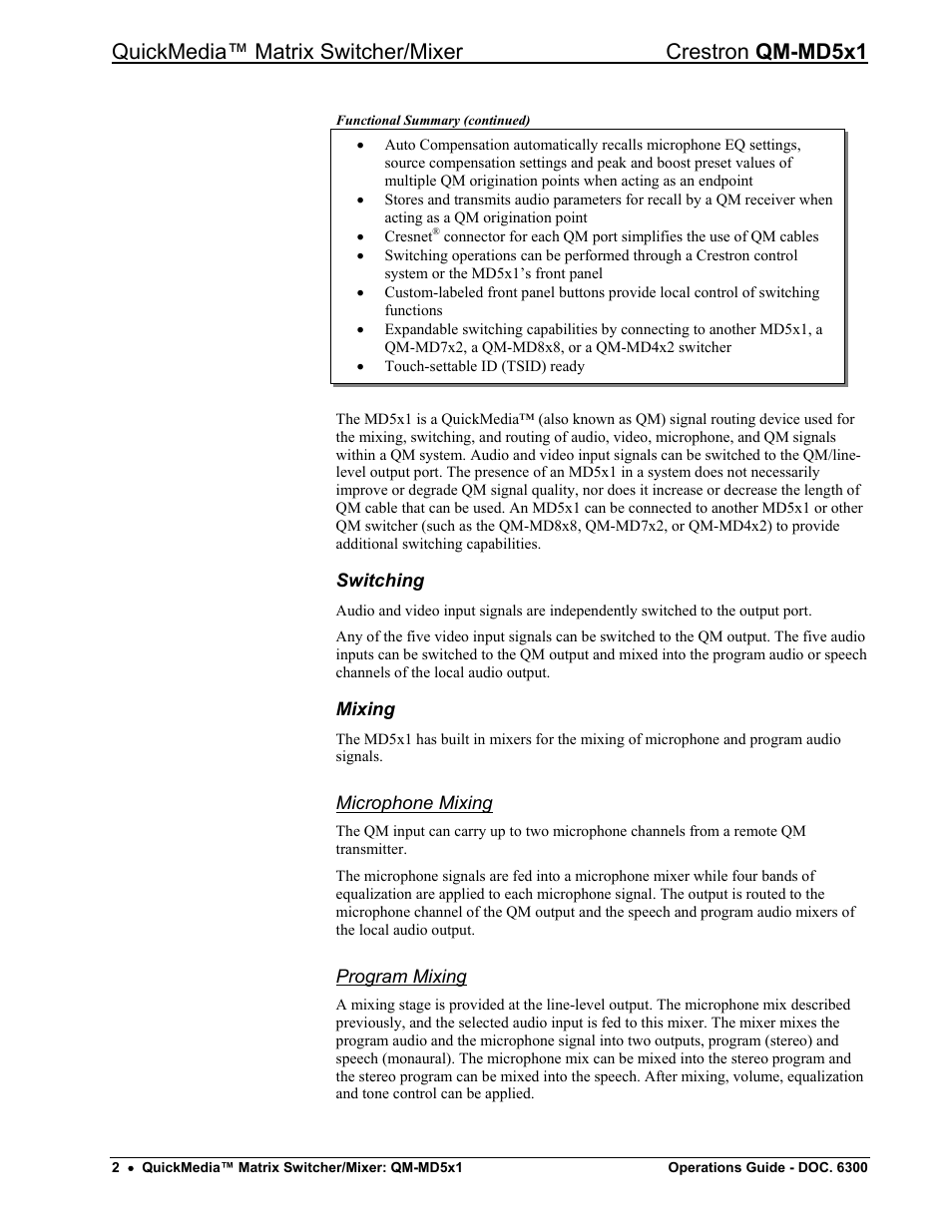 Switching, Mixing, Microphone mixing | Program mixing | Crestron electronic QM-MD5x1 User Manual | Page 6 / 72