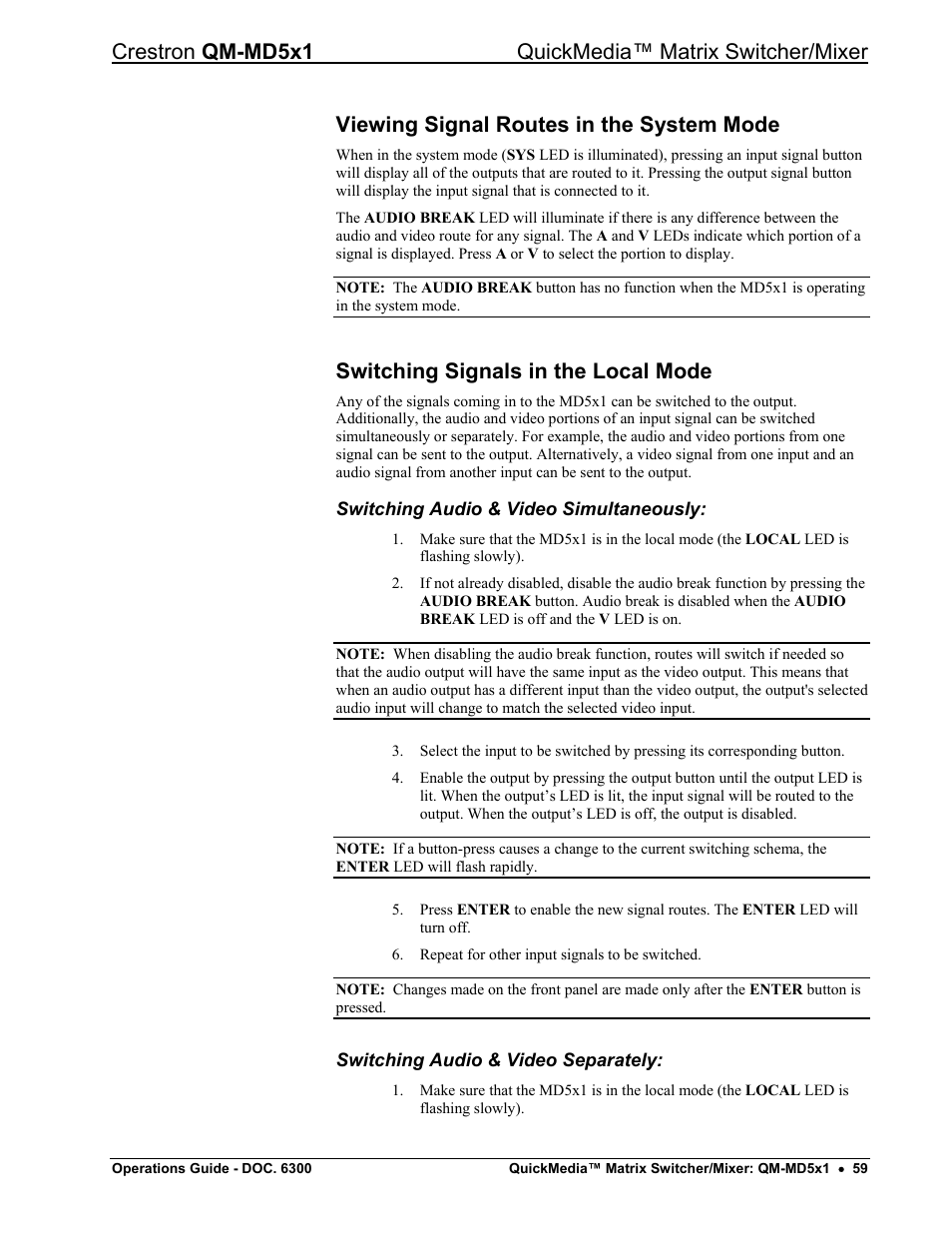 Viewing signal routes in the system mode, Switching signals in the local mode, Switching audio & video simultaneously | Switching audio & video separately | Crestron electronic QM-MD5x1 User Manual | Page 63 / 72