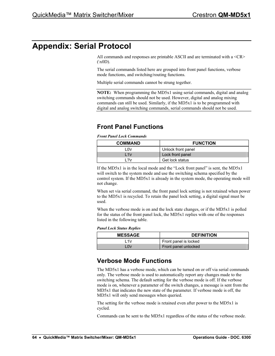 Appendix: serial protocol, Front panel functions, Verbose mode functions | Crestron electronic QM-MD5x1 User Manual | Page 68 / 72