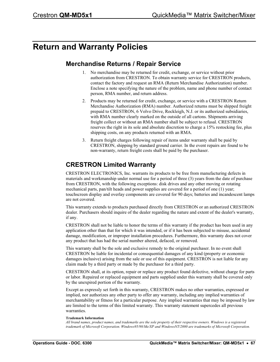 Return and warranty policies, Merchandise returns / repair service, Crestron limited warranty | Crestron electronic QM-MD5x1 User Manual | Page 71 / 72