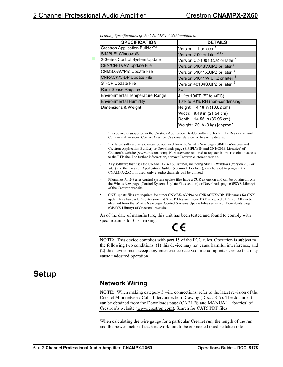 Setup, Network wiring | Crestron electronic CNAMPX-2X60 User Manual | Page 10 / 24