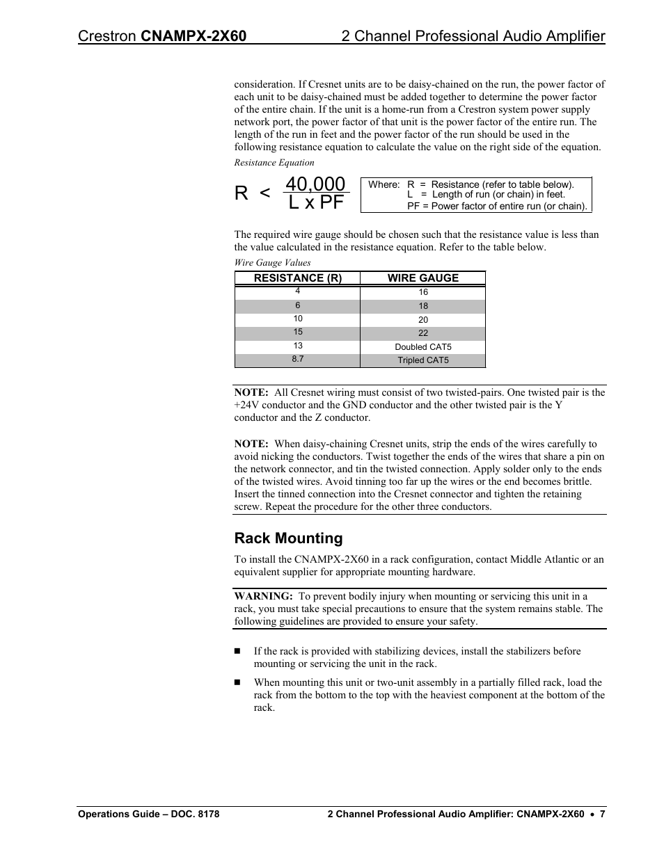 Rack mounting | Crestron electronic CNAMPX-2X60 User Manual | Page 11 / 24