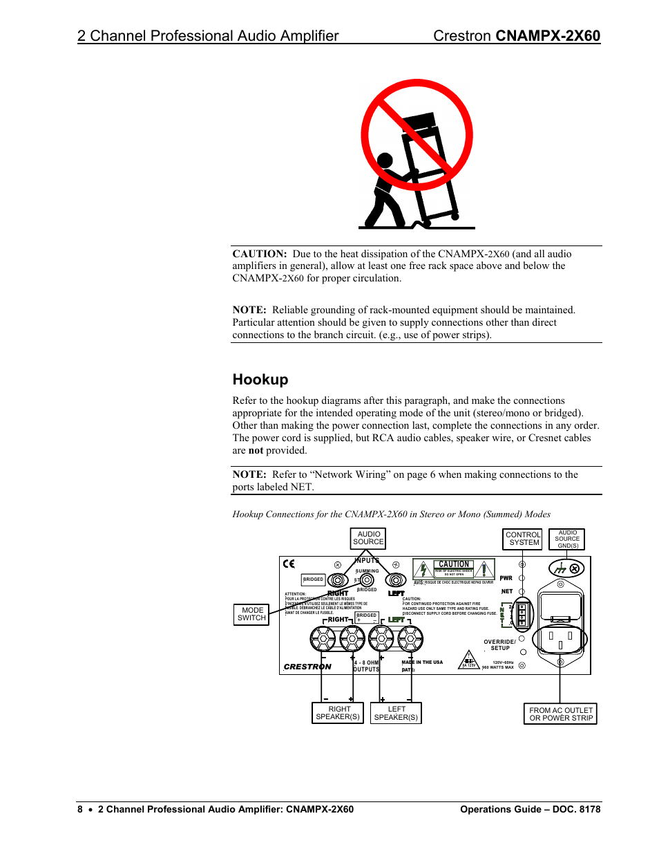 Hookup, Caution: due to the heat dissipation of the cnampx, 2x60 | Crestron electronic CNAMPX-2X60 User Manual | Page 12 / 24
