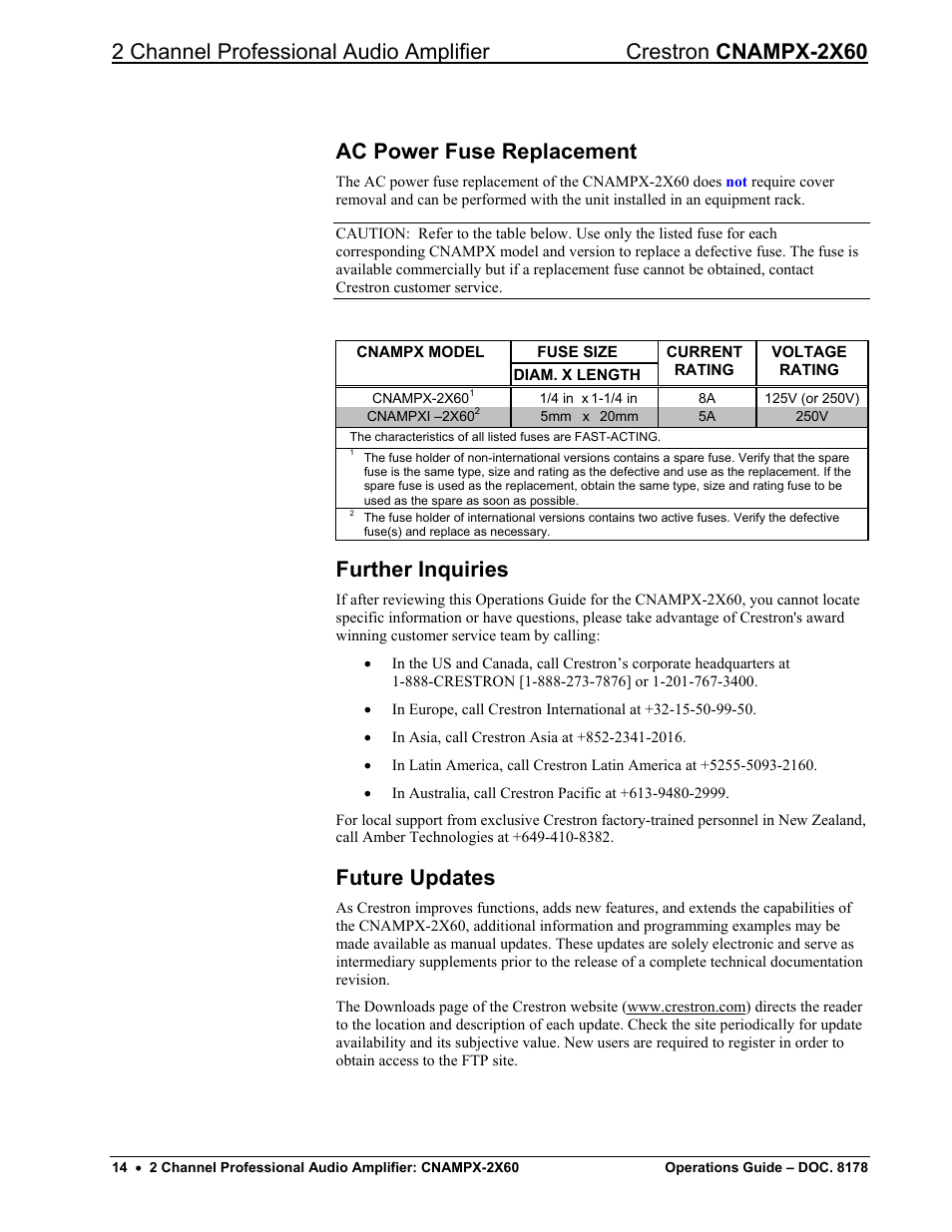 Ac power fuse replacement, Further inquiries, Future updates | Crestron electronic CNAMPX-2X60 User Manual | Page 18 / 24