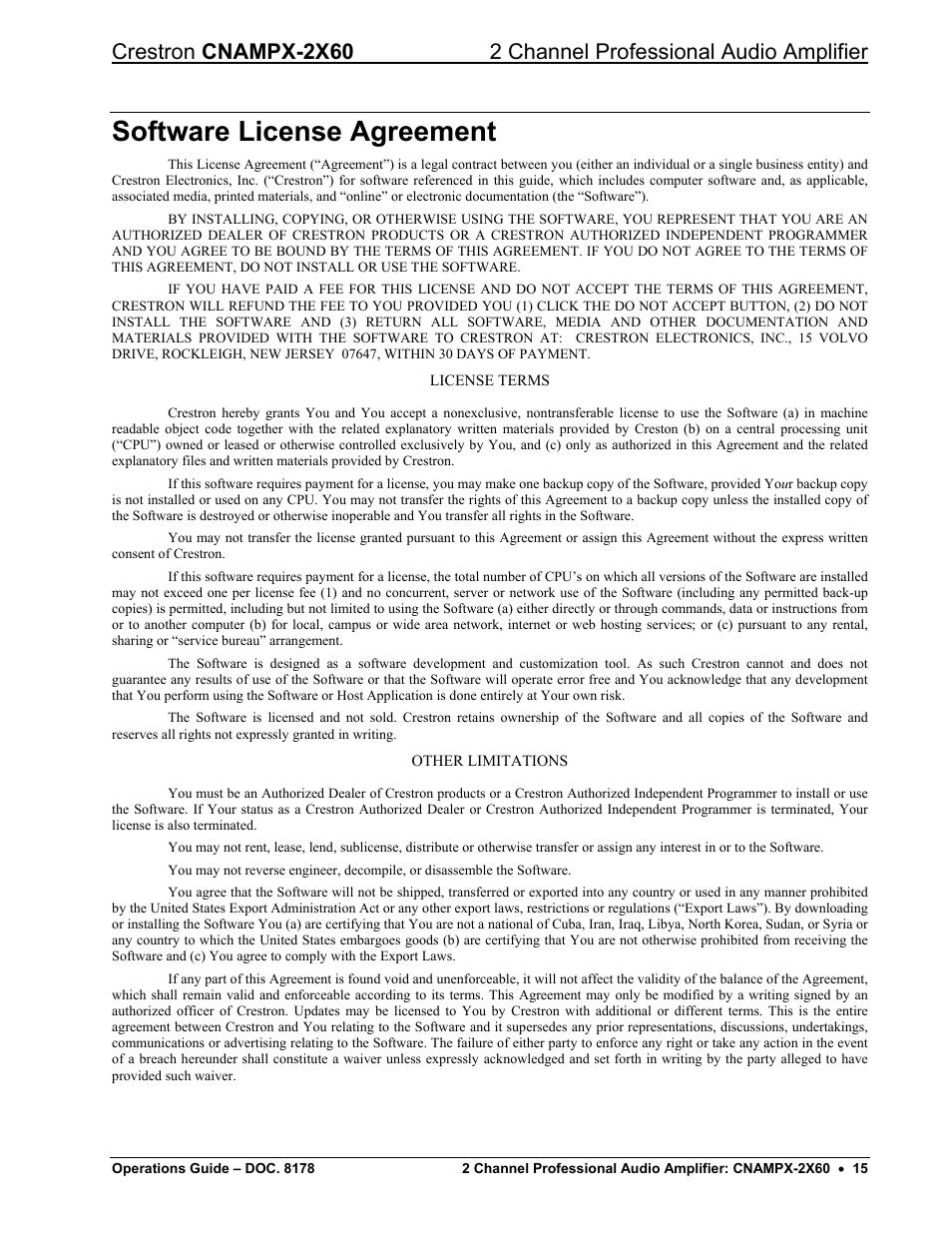 Software license agreement | Crestron electronic CNAMPX-2X60 User Manual | Page 19 / 24