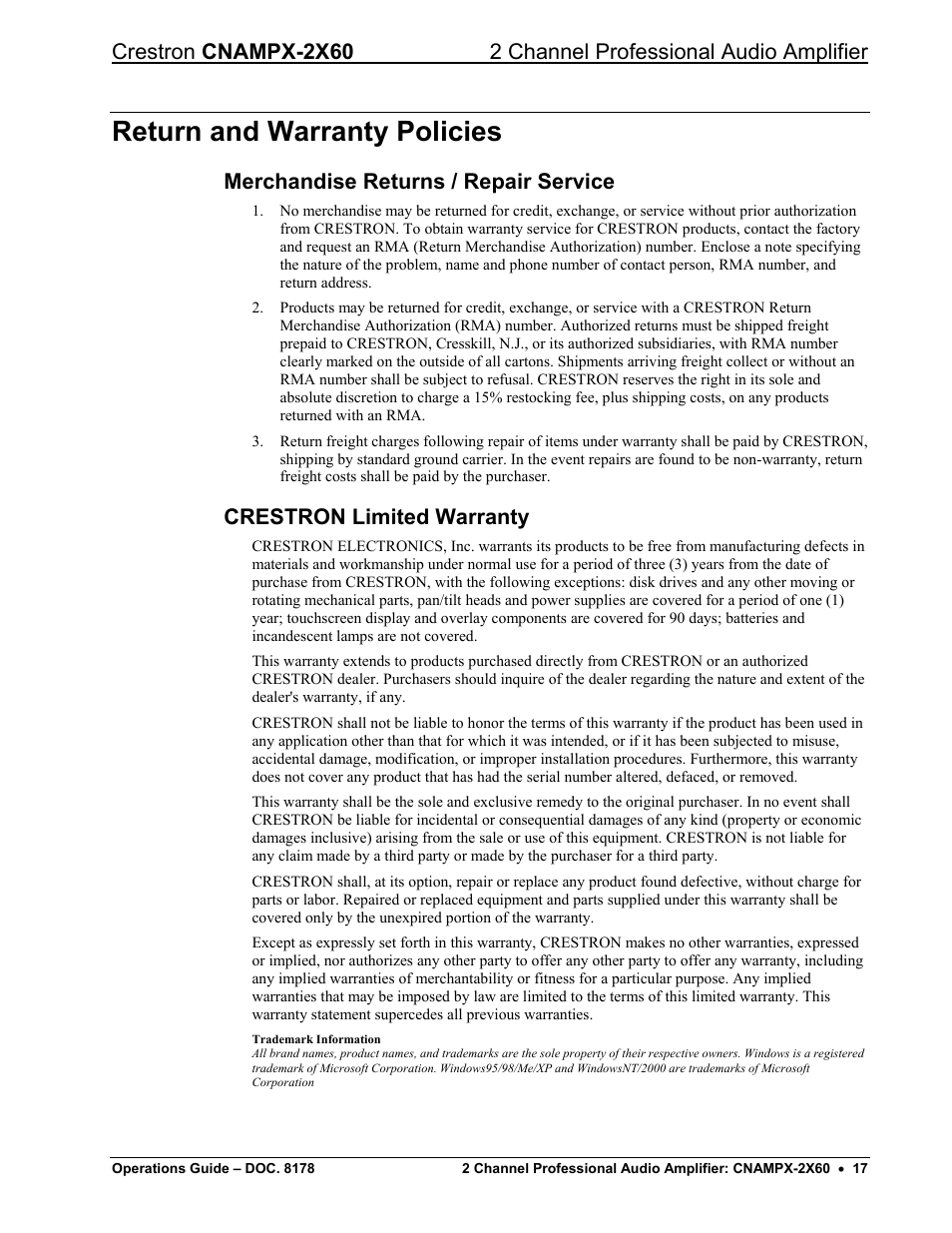Return and warranty policies, Merchandise returns / repair service, Crestron limited warranty | Crestron electronic CNAMPX-2X60 User Manual | Page 21 / 24