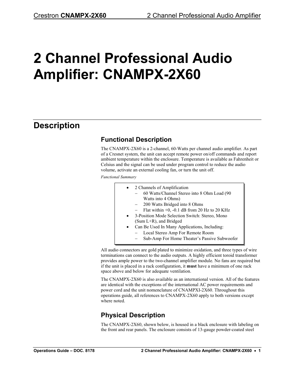 Description, Functional description, Physical description | Crestron electronic CNAMPX-2X60 User Manual | Page 5 / 24