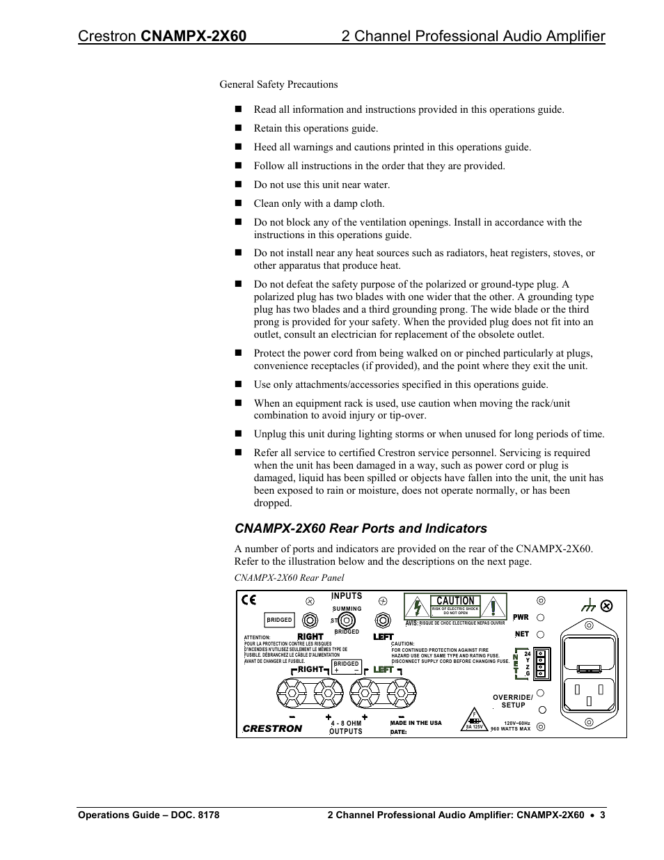Cnampx-2x60 rear ports and indicators, Caution | Crestron electronic CNAMPX-2X60 User Manual | Page 7 / 24