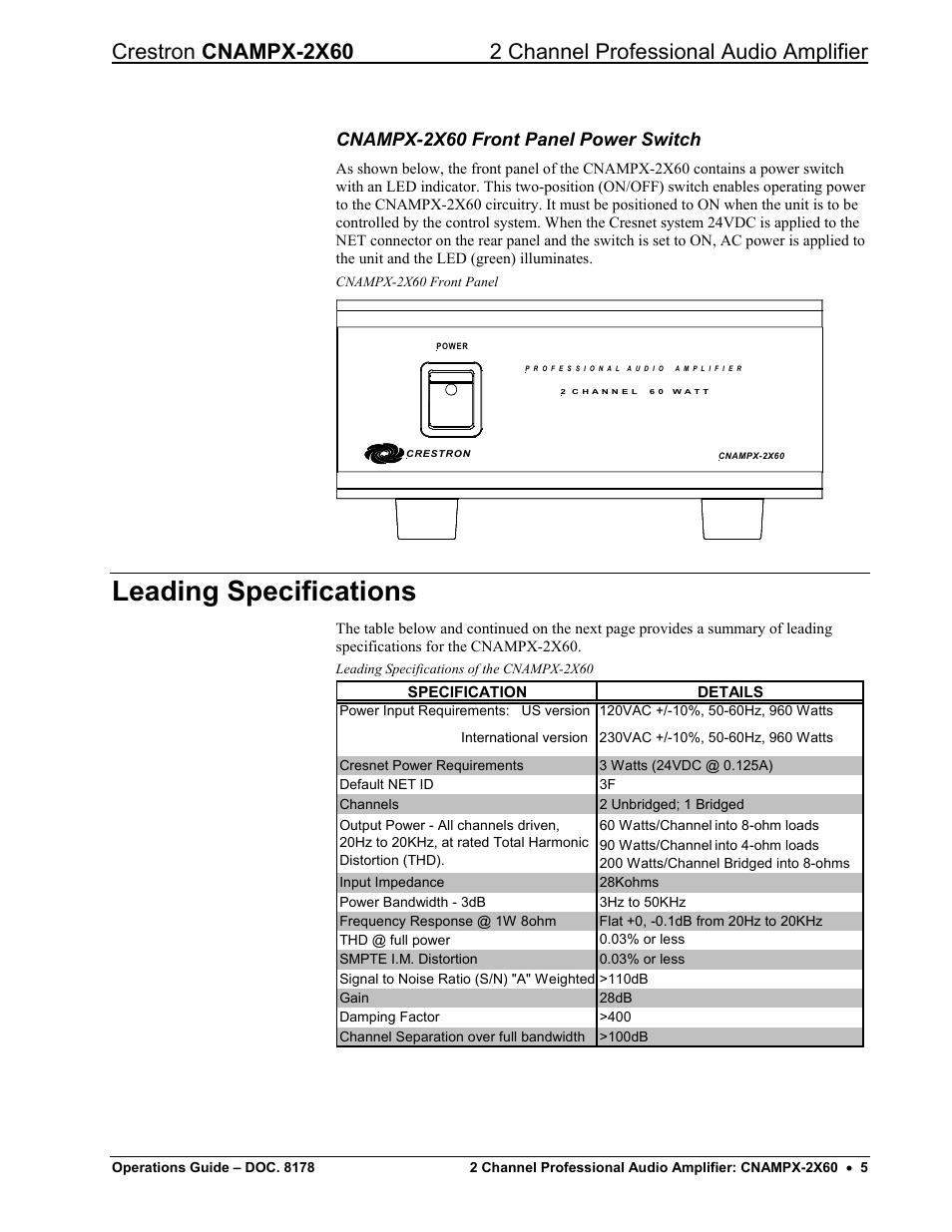 Cnampx-2x60 front panel power switch, Leading specifications | Crestron electronic CNAMPX-2X60 User Manual | Page 9 / 24