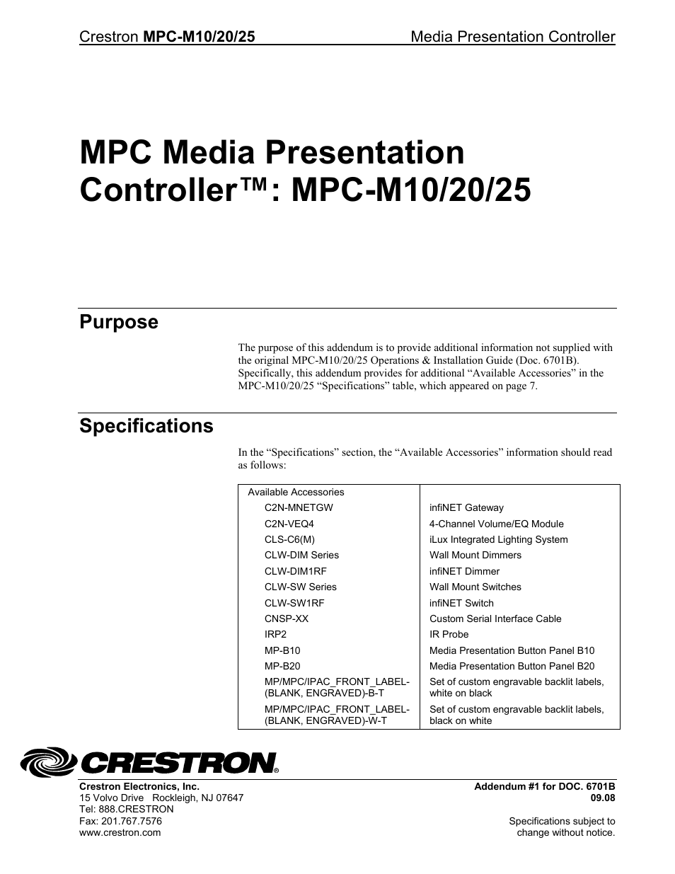 Crestron electronic MPC Media Presentation Controller MPC-M10/20/25 User Manual | 1 page