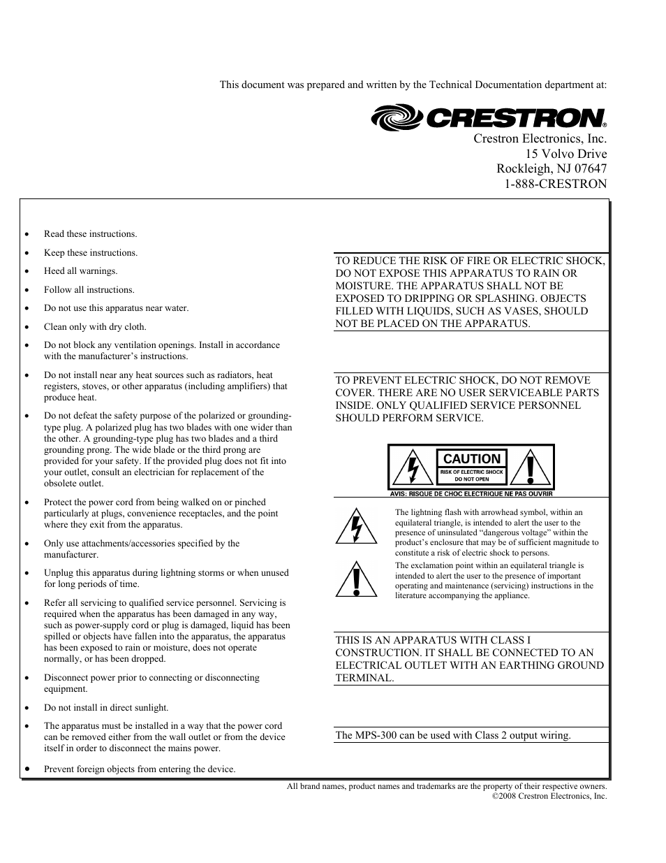 Crestron electronic Multimedia Presentation System 300 MPS-300 User Manual | Page 2 / 96