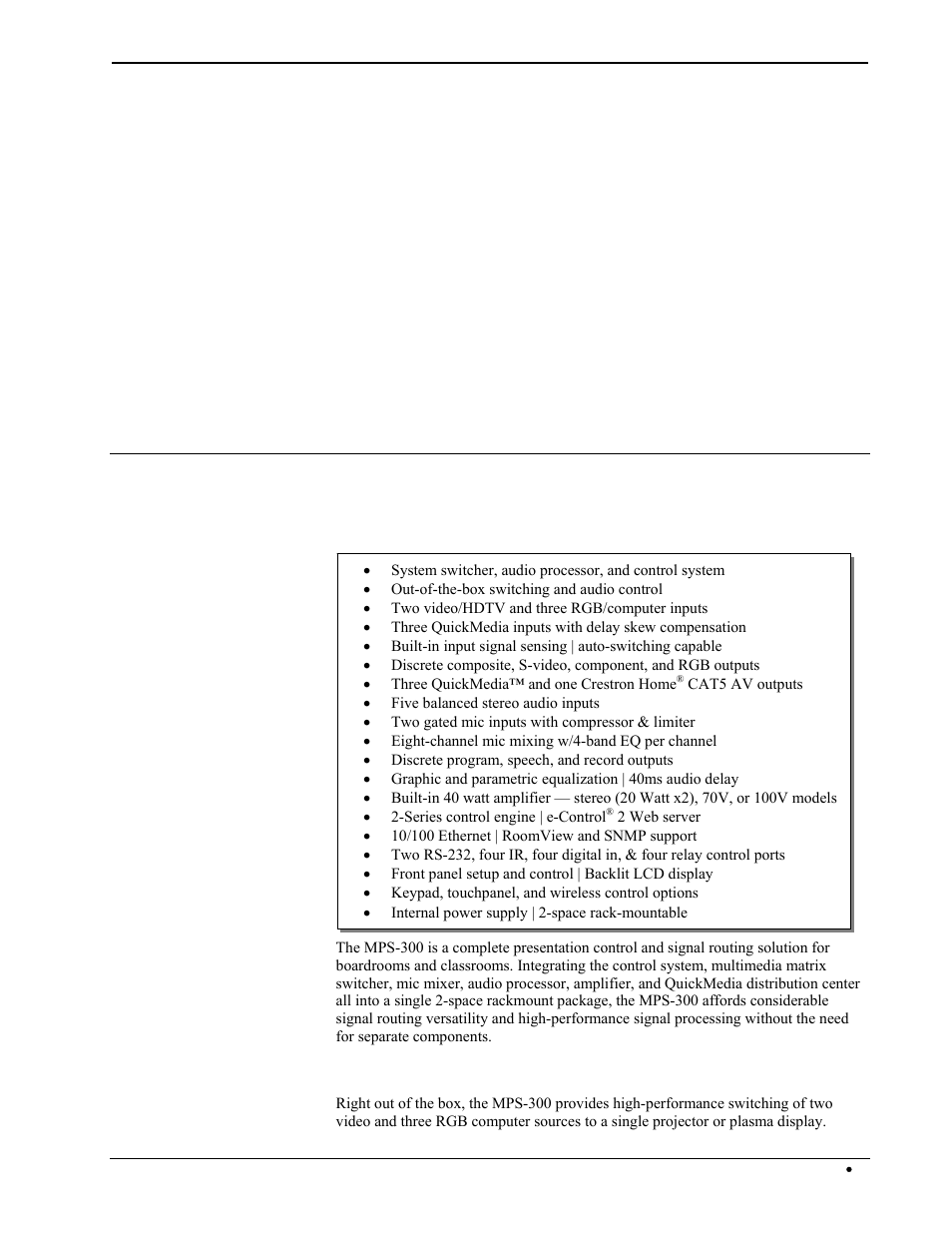 Multimedia presentation system 300: mps-300, Introduction, Features and functions | Crestron electronic Multimedia Presentation System 300 MPS-300 User Manual | Page 5 / 96