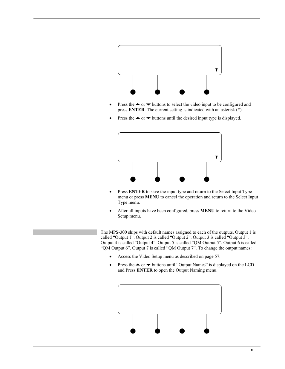 Sel. input type 1:bnc 1, Select input 1 type * composite, Sel. output to name 1:output 1 | Crestron electronic Multimedia Presentation System 300 MPS-300 User Manual | Page 63 / 96