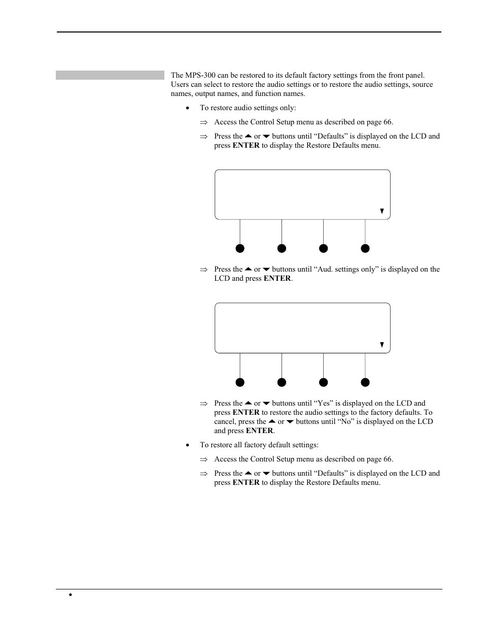 Restore defaults aud. settings only, Reset all audio? no | Crestron electronic Multimedia Presentation System 300 MPS-300 User Manual | Page 78 / 96