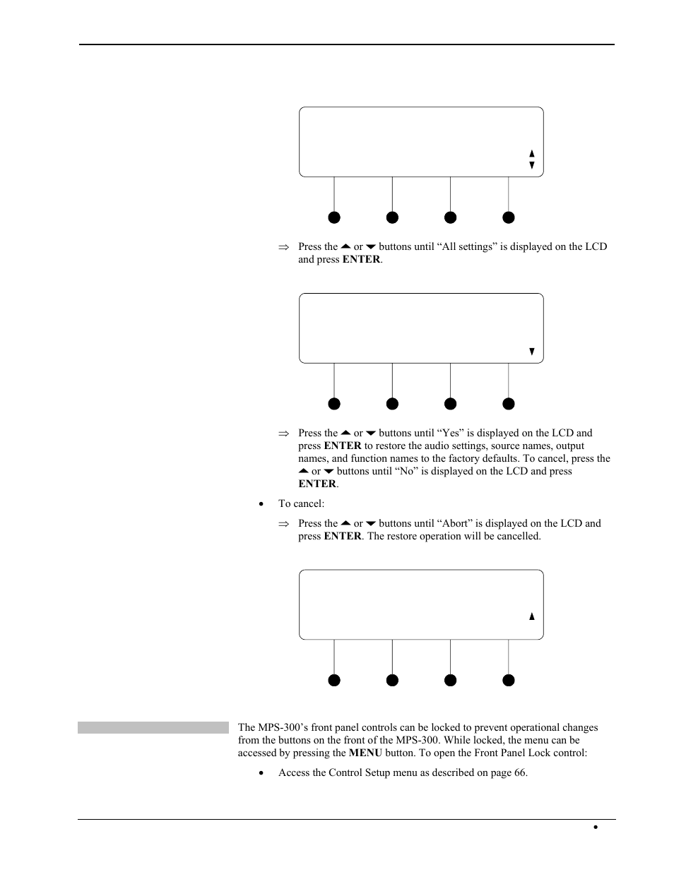 Operation, Restore defaults all settings, Reset all settings? no | Restore defaults abort | Crestron electronic Multimedia Presentation System 300 MPS-300 User Manual | Page 79 / 96