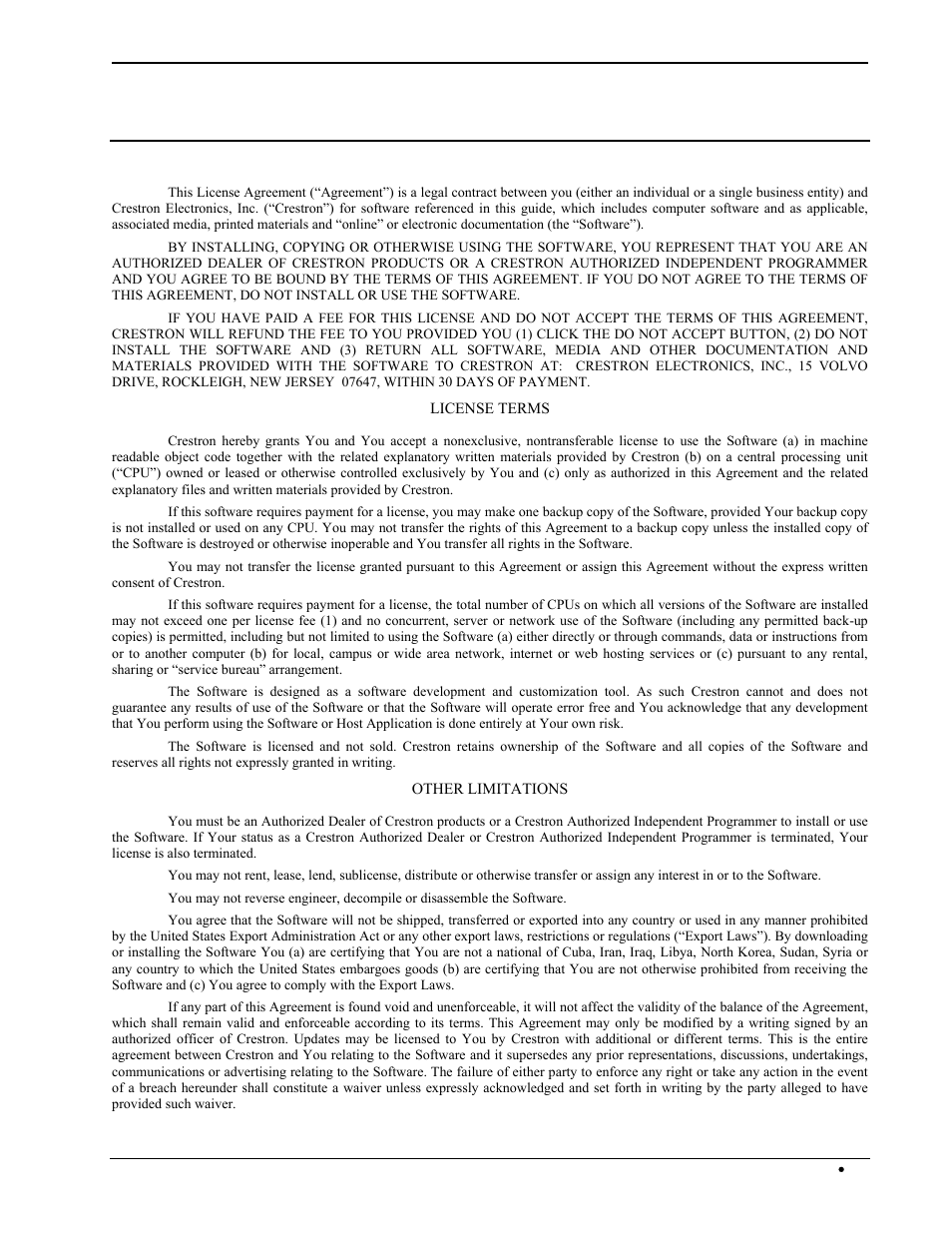 Software license agreement | Crestron electronic Multimedia Presentation System 300 MPS-300 User Manual | Page 93 / 96