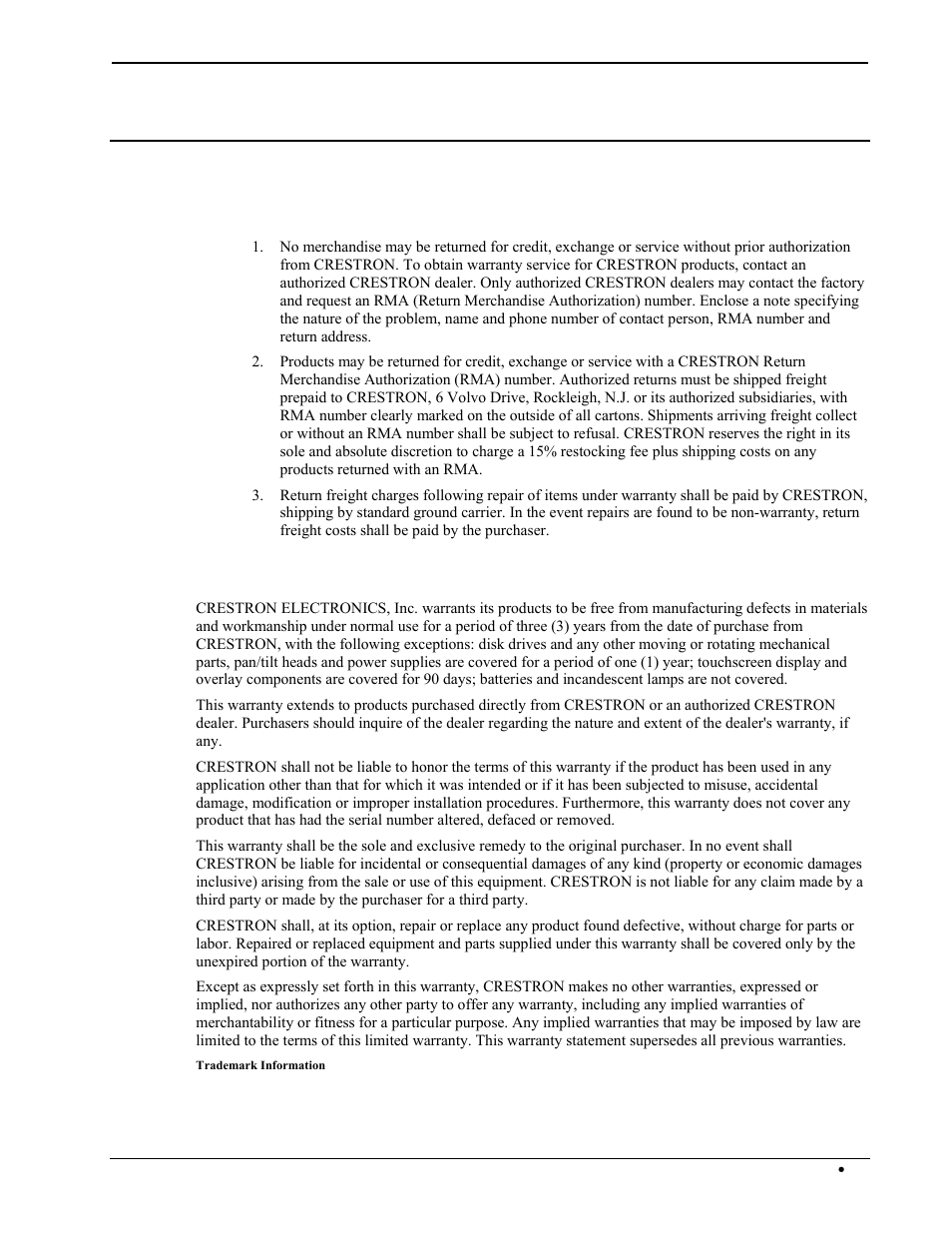 Return and warranty policies, Merchandise returns / repair service, Crestron limited warranty | Crestron electronic Multimedia Presentation System 300 MPS-300 User Manual | Page 95 / 96