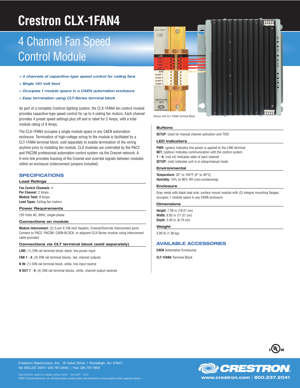 Crestron electronic 4 Channel Fan Speed Control Module CLX-1FAN4 User Manual | 1 page