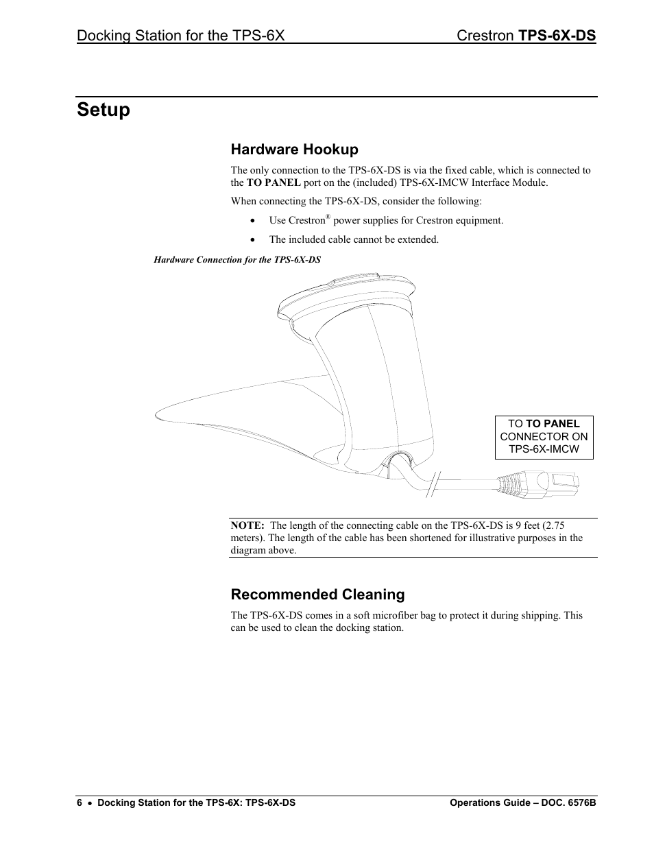 Setup, Hardware hookup, Recommended cleaning | Docking station for the tps-6x crestron tps-6x-ds | Crestron electronic TPS-6X-DS User Manual | Page 10 / 16