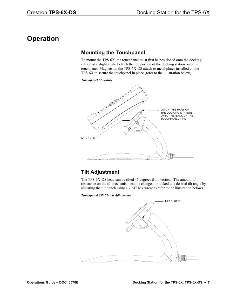 Operation, Mounting the touchpanel, Tilt adjustment | Crestron tps-6x-ds docking station for the tps-6x | Crestron electronic TPS-6X-DS User Manual | Page 11 / 16