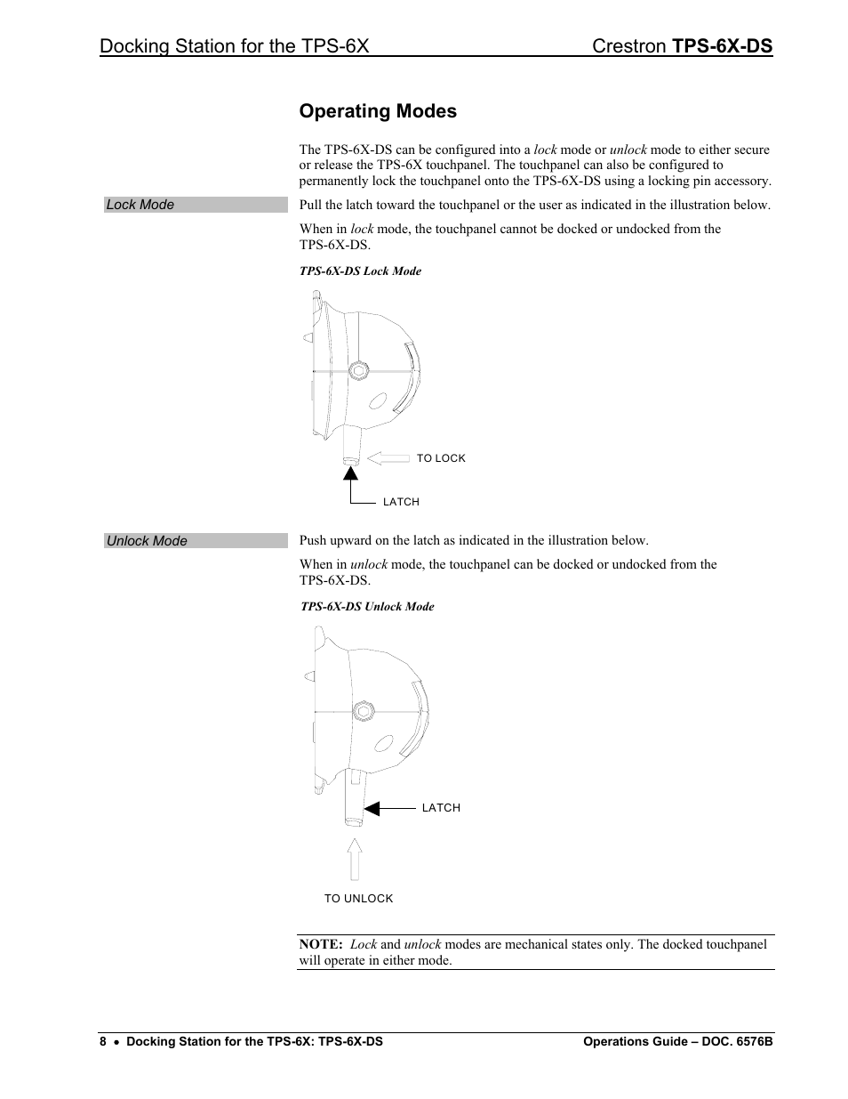 Docking station for the tps-6x crestron tps-6x-ds, Operating modes | Crestron electronic TPS-6X-DS User Manual | Page 12 / 16