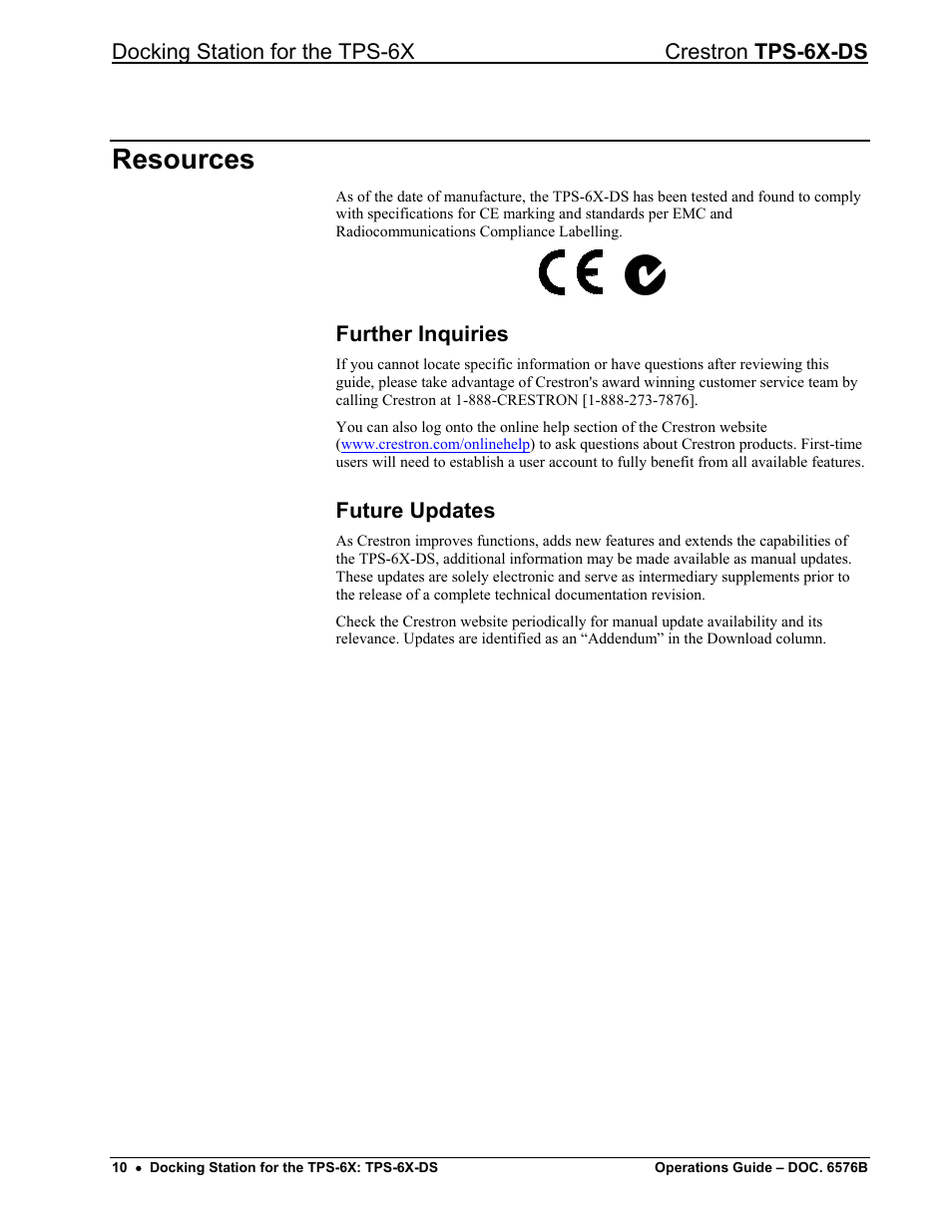 Resources, Further inquiries, Future updates | Docking station for the tps-6x crestron tps-6x-ds | Crestron electronic TPS-6X-DS User Manual | Page 14 / 16