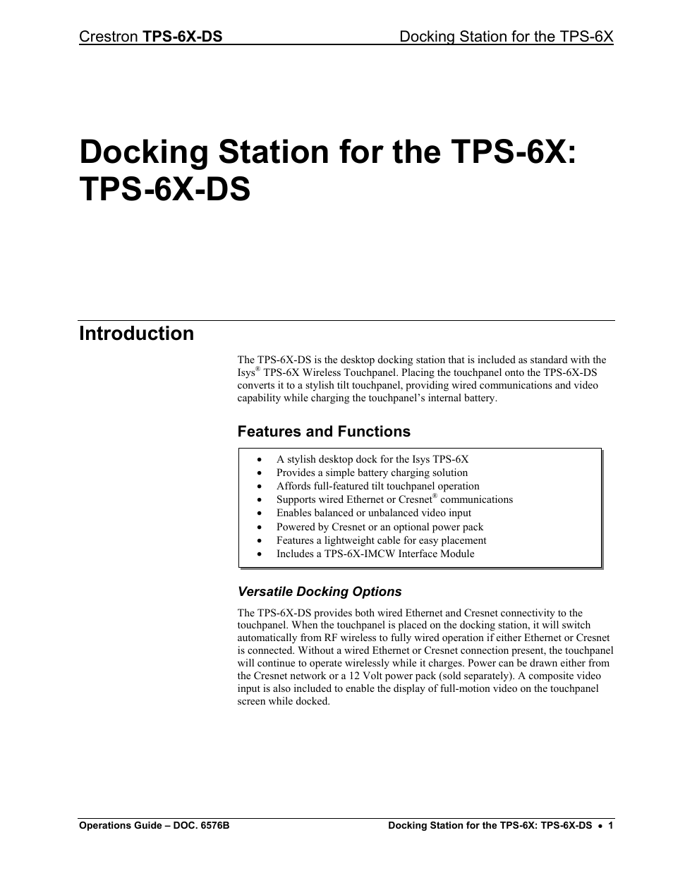 Docking station for the tps-6x: tps-6x-ds, Introduction, Features and functions | Crestron tps-6x-ds docking station for the tps-6x | Crestron electronic TPS-6X-DS User Manual | Page 5 / 16