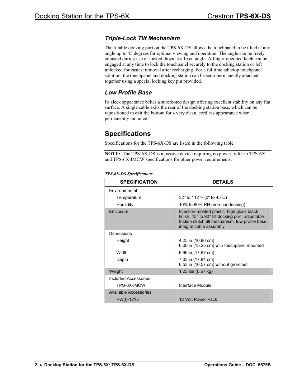 Specifications, Docking station for the tps-6x crestron tps-6x-ds | Crestron electronic TPS-6X-DS User Manual | Page 6 / 16