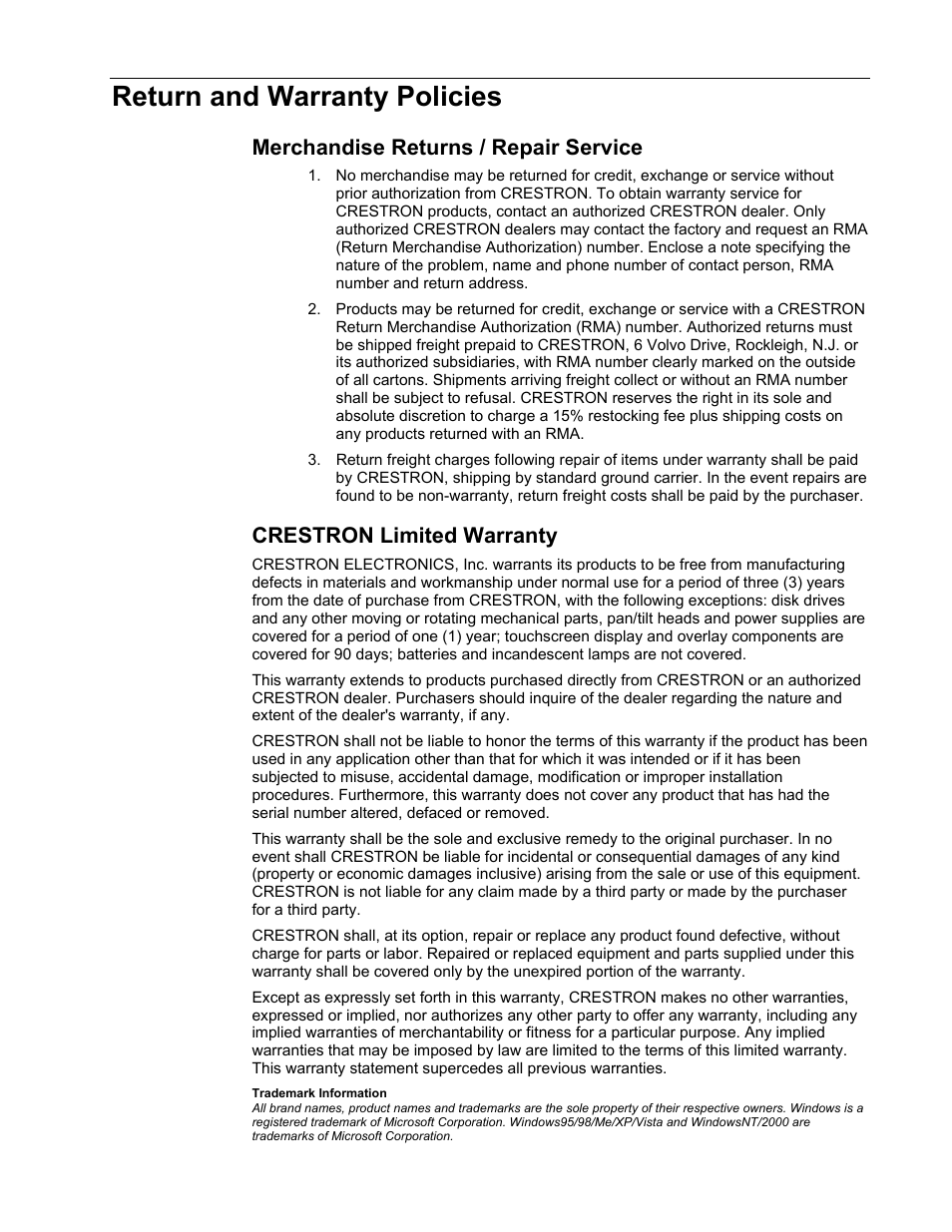 Return and warranty policies, Merchandise returns / repair service, Crestron limited warranty | Crestron electronic TPMC-4XG-DS-B User Manual | Page 2 / 2