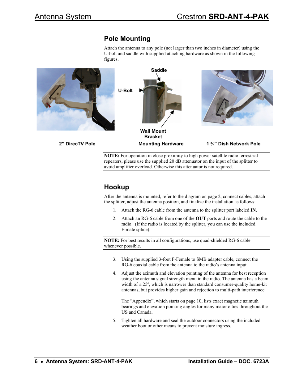 Pole mounting, Hookup, Antenna system crestron srd-ant-4-pak | Crestron electronic Antenna System SRD-ANT-4-PAK User Manual | Page 10 / 20