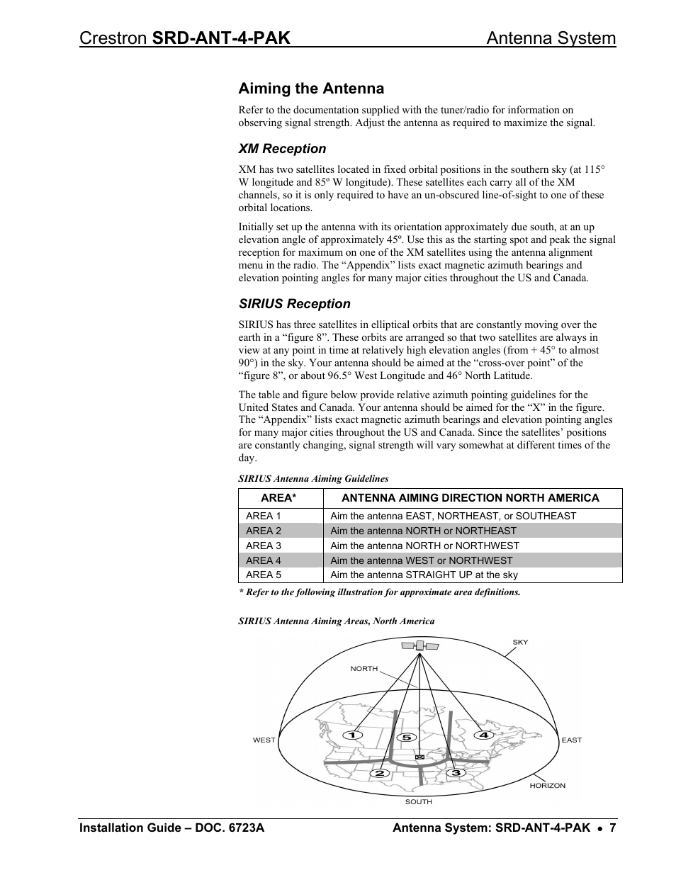 Aiming the antenna, Xm reception, Sirius reception | Crestron srd-ant-4-pak antenna system | Crestron electronic Antenna System SRD-ANT-4-PAK User Manual | Page 11 / 20