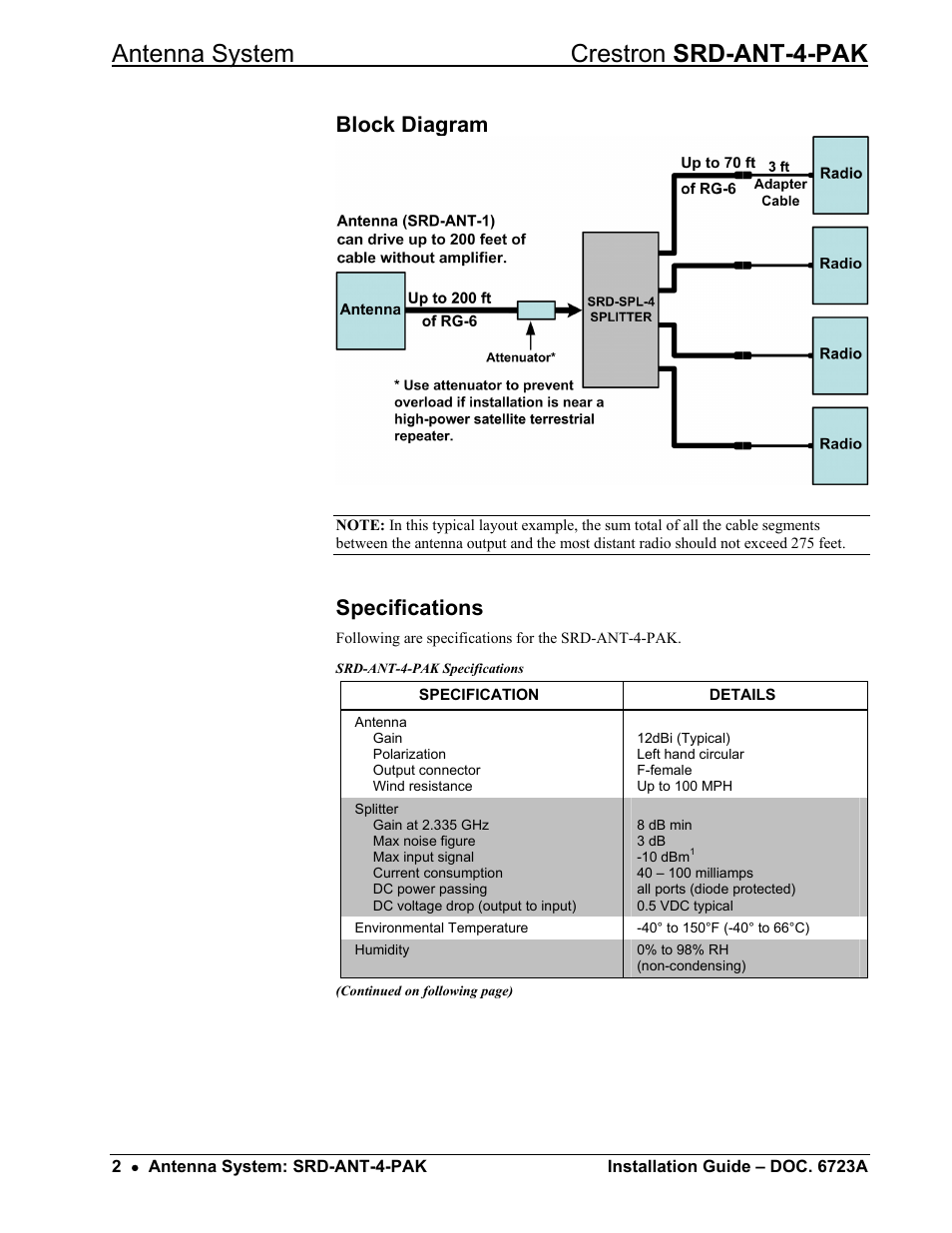 Block diagram, Specifications, Antenna system crestron srd-ant-4-pak | Crestron electronic Antenna System SRD-ANT-4-PAK User Manual | Page 6 / 20