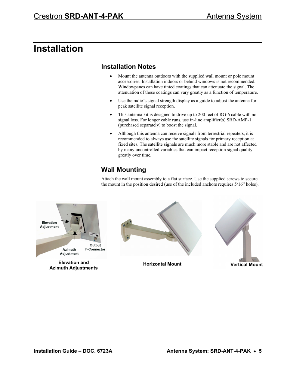 Installation, Installation notes, Wall mounting | Crestron srd-ant-4-pak antenna system | Crestron electronic Antenna System SRD-ANT-4-PAK User Manual | Page 9 / 20