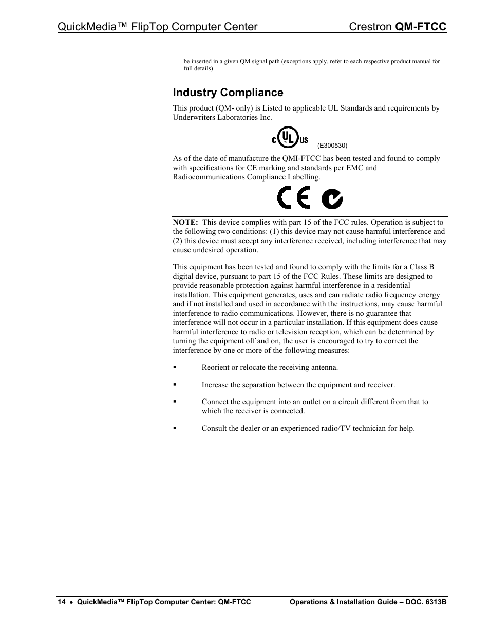 Industry compliance | Crestron electronic QM-FTCC User Manual | Page 18 / 48