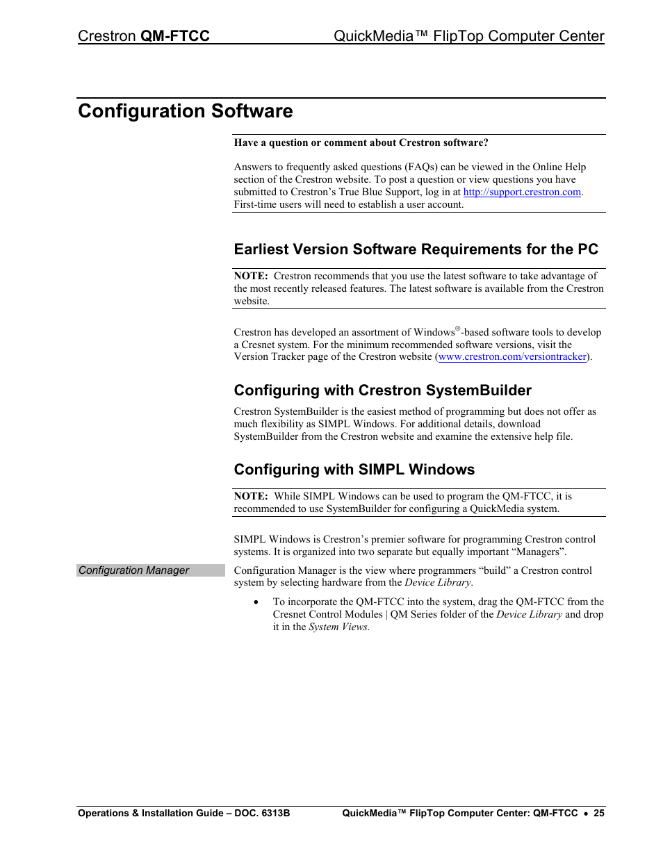 Configuration software, Earliest version software requirements for the pc, Configuring with crestron systembuilder | Configuring with simpl windows | Crestron electronic QM-FTCC User Manual | Page 29 / 48