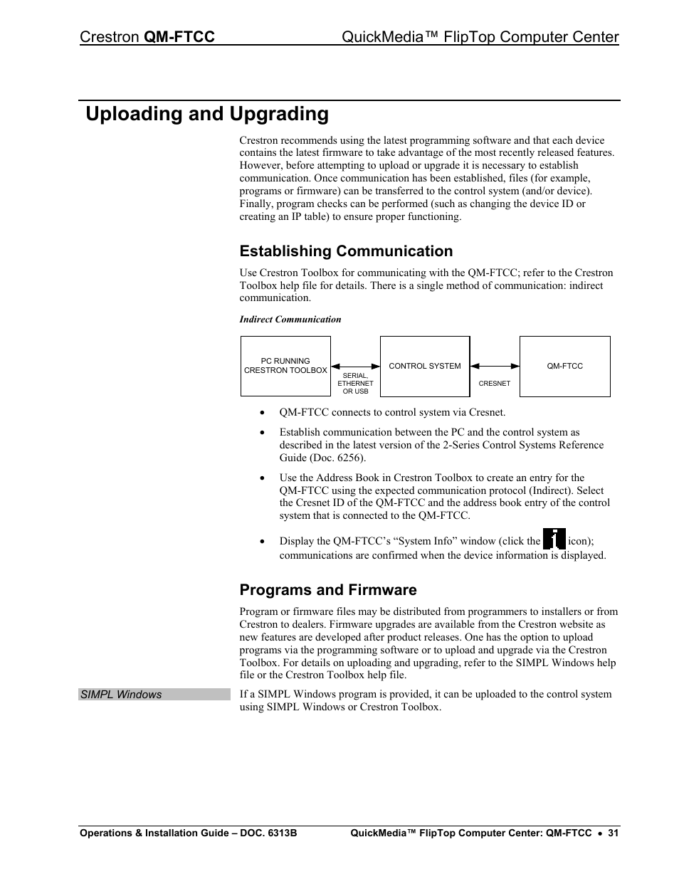 Uploading and upgrading, Establishing communication, Programs and firmware | Crestron electronic QM-FTCC User Manual | Page 35 / 48