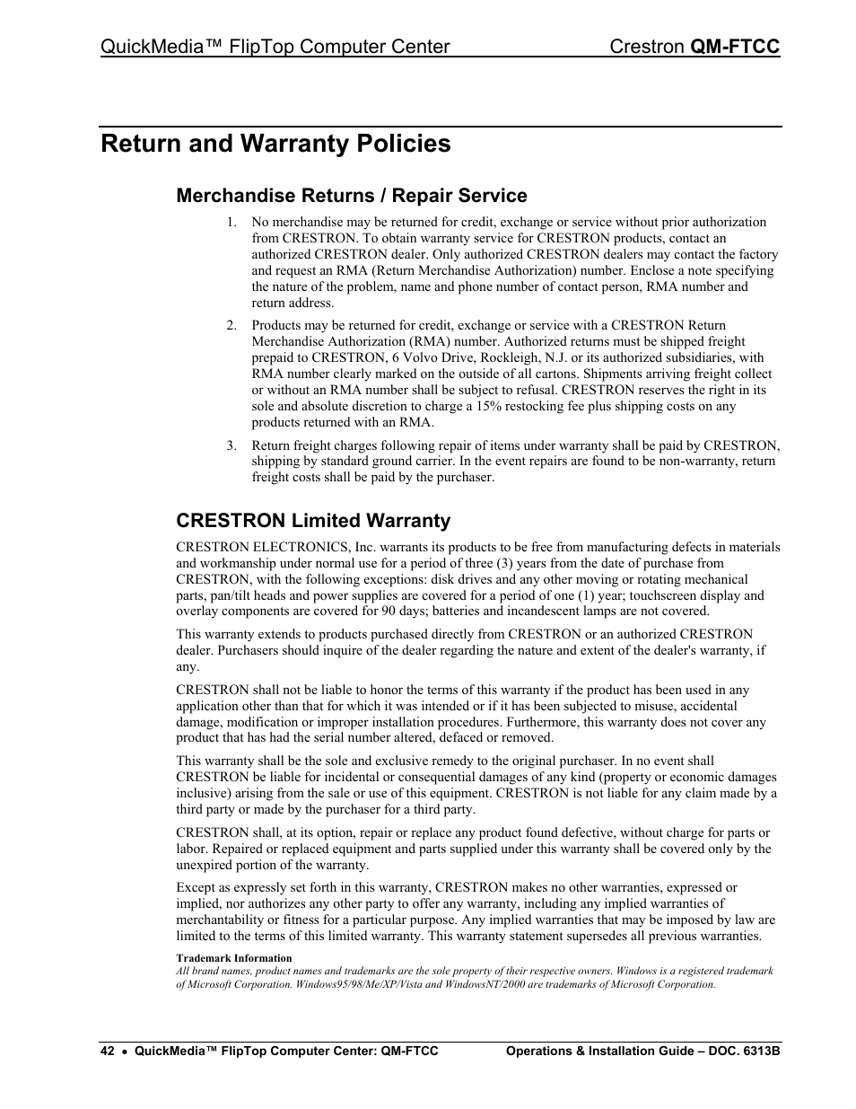 Return and warranty policies, Merchandise returns / repair service, Crestron limited warranty | Crestron electronic QM-FTCC User Manual | Page 46 / 48