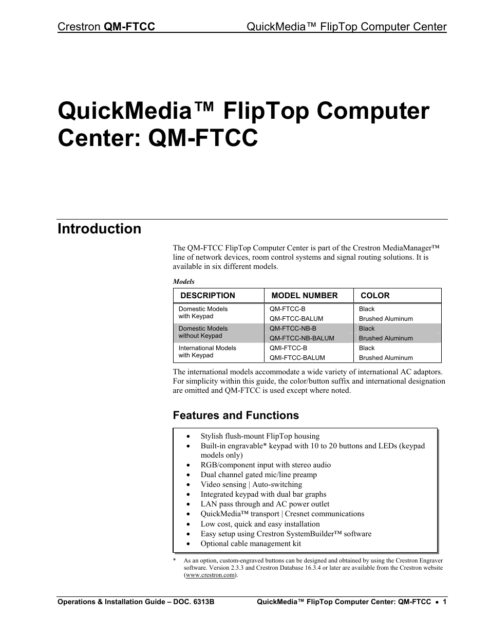 Quickmedia™ fliptop computer center: qm-ftcc, Introduction, Features and functions | Crestron electronic QM-FTCC User Manual | Page 5 / 48