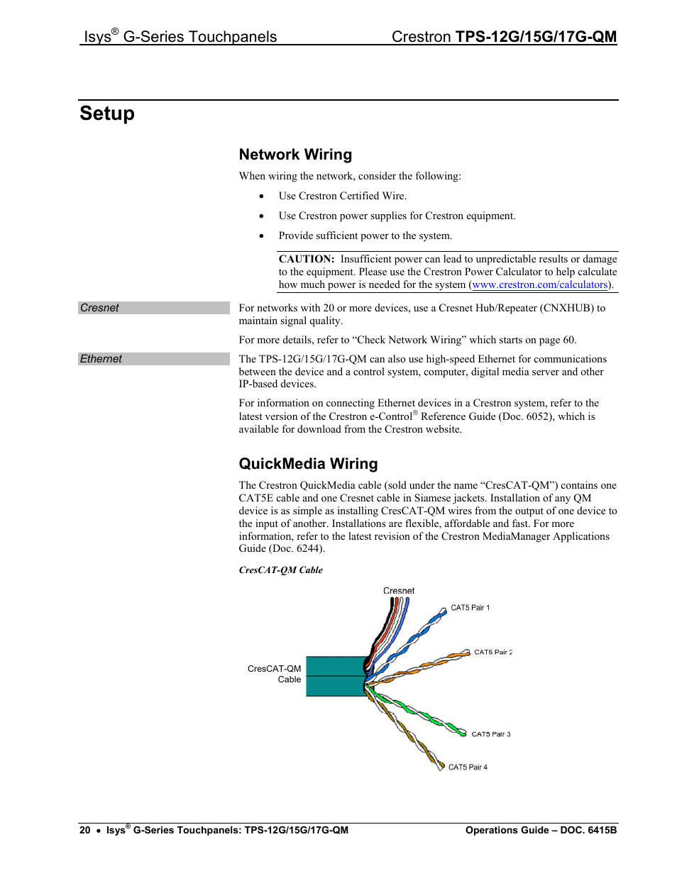 Setup, Network wiring, Quickmedia wiring | Isys | Crestron electronic Isys G-Series TPS-15G-QM User Manual | Page 24 / 70