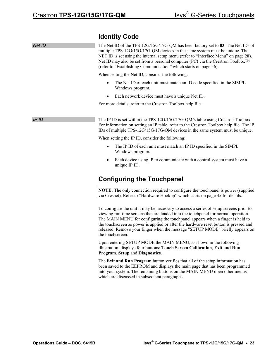 Identity code, Configuring the touchpanel, G-series touchpanels | Crestron electronic Isys G-Series TPS-15G-QM User Manual | Page 27 / 70