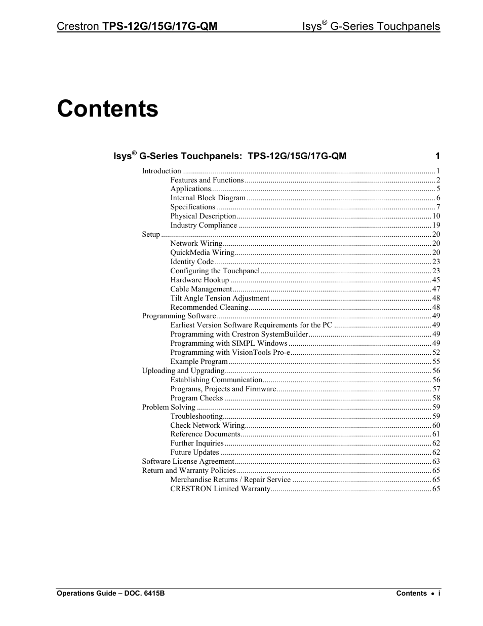 Crestron electronic Isys G-Series TPS-15G-QM User Manual | Page 3 / 70