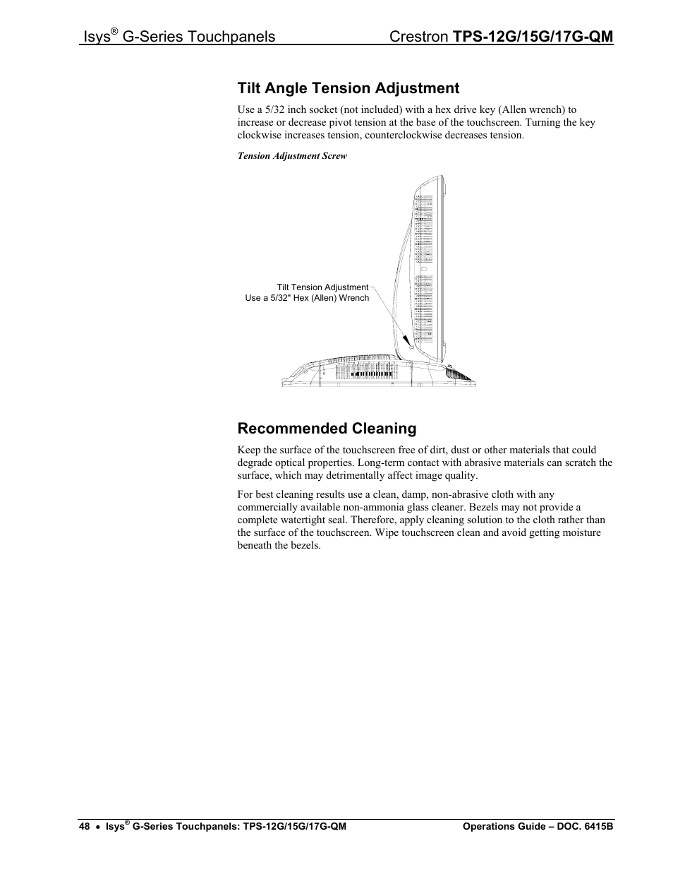 Tilt angle tension adjustment, Recommended cleaning, Isys | Crestron electronic Isys G-Series TPS-15G-QM User Manual | Page 52 / 70
